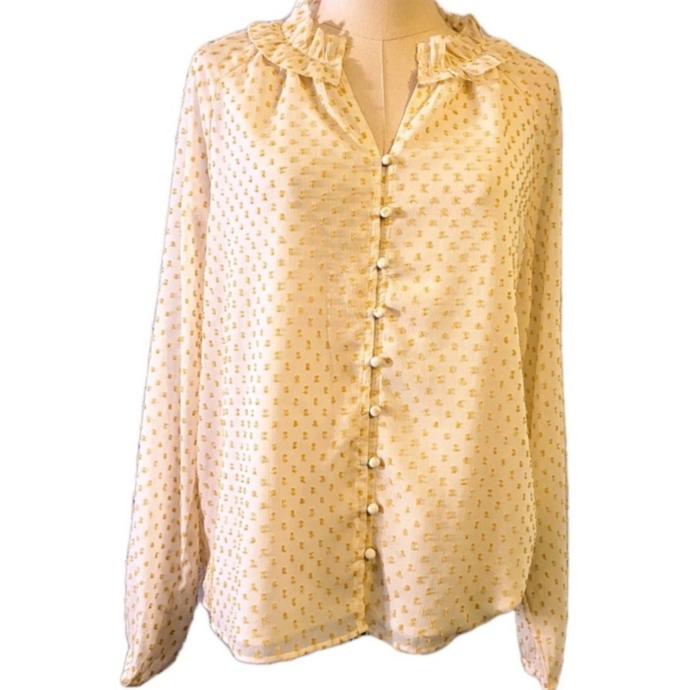 Ann Taylor Yellow Cream Ruffed Swiss Dot Blouse Size M Long Sleeve Button Down